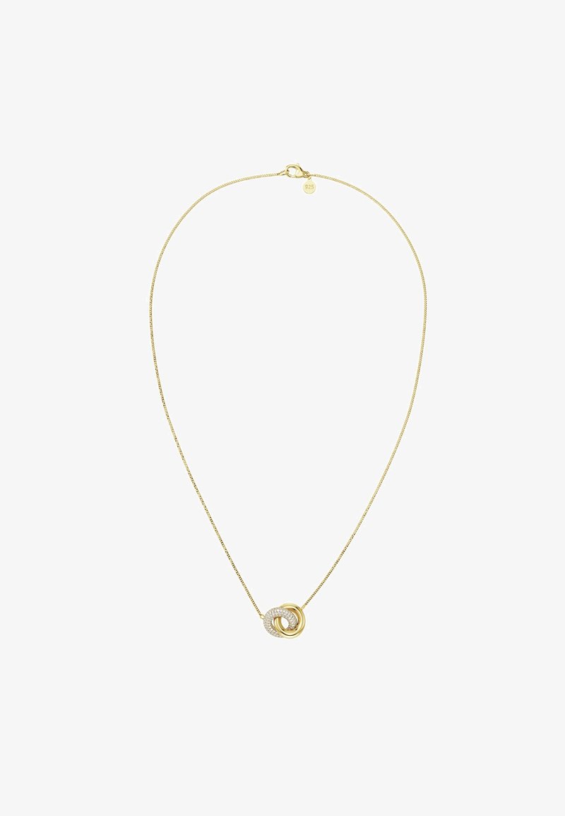 Goldkette mit feinem Glied und einem strukturierten Anhänger, der ineinandergreifende Ringe zeigt, von denen einer mit kleinen klaren Steinen verziert ist.