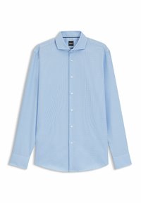 Vaaleansininen pitkähihainen nappipaita, jossa on pieni ruutukuosi, klassinen kaulus ja valkoiset napit. Puuvillasekoitekangasta, jonka pinta on sileä.