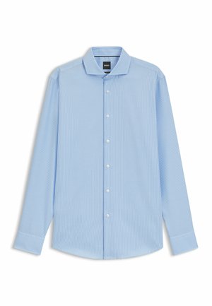 Jasnoniebieska koszula z długim rękawem z guziczkami, o małym wzorze w kratkę, z klasycznym kołnierzykiem i białymi guzikami. Tkanina z mieszanki bawełny o gładkiej fakturze.
