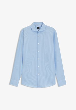 Jasnoniebieska koszula z długim rękawem z guziczkami, o małym wzorze w kratkę, z klasycznym kołnierzykiem i białymi guzikami. Tkanina z mieszanki bawełny o gładkiej fakturze.