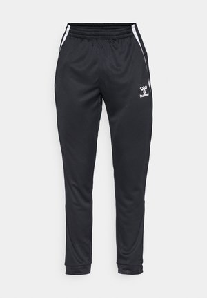 Zwarte sportbroek met een elastische tailleband, witte zijstrepen en een logo op de linkerdij. Gemaakt van soepele, lichte stof.