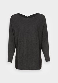 Dunkelgrauer, übergroßer Pullover mit weiter Ausschnittlinie, gerippter Textur und langen Ärmeln mit seitlichen Schlitzen für eine bessere Bewegungsfreiheit.