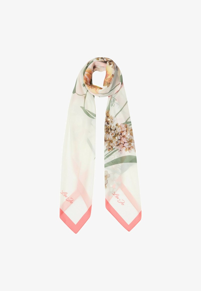 Jedwabny szalik z kwiatowym wzorem w delikatnych odcieniach różu, kremu i zieleni, z koralową lamówką i spiczastymi końcami. Logo widoczne w pobliżu krawędzi.
