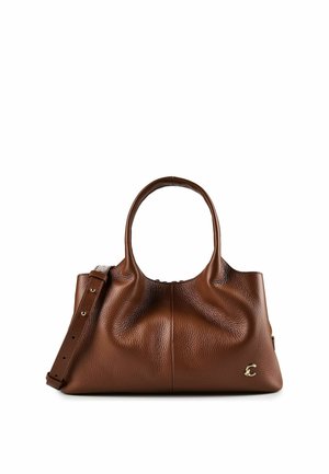 Sac à main en cuir marron texturé avec deux poignées arrondies, une bandoulière réglable et un petit logo doré dans le coin avant.
