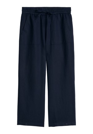 Marineblaue Hose mit weitem Bein, elastischem Bund, Kordelzug, aufgesetzten vorderen Taschen und Knopfdetails am Saum.