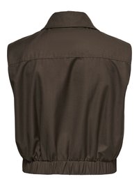 Gilet sans manches marron foncé avec col et taille élastique, montré de dos sur fond blanc.