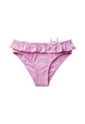 Parte inferior de bikini rosa con cintura fruncida y aplicaciones con forma de estrella de mar en el centro delantero y la cintura.