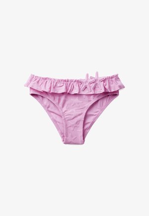 Parte inferior de bikini rosa con cintura fruncida y aplicaciones con forma de estrella de mar en el centro delantero y la cintura.