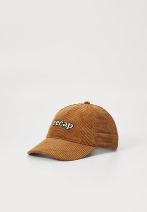 Brown corduroy baseball cap with a curved brim, featuring embroidered "recap" text on the front and vertical ribbed texture.