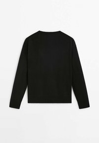 Black knitted sweater with a crew neck, long sleeves, and a cropped design. Smooth texture with ribbed hem and cuffs.