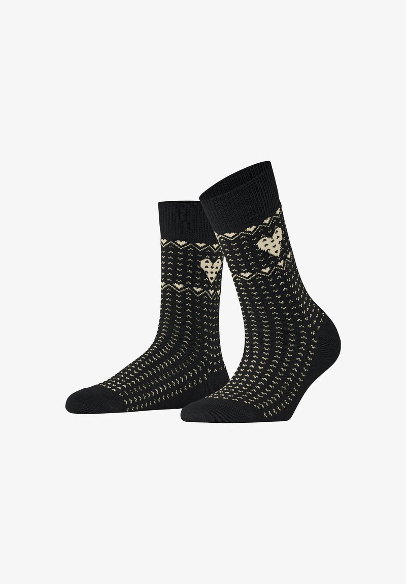 Para czarnych skarpetek z kremowymi sercami i wzorem zygzaka, z prążkowanymi mankietami i teksturowanymi pionowymi paskami.