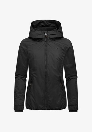 Crna vodootporna jakna s kapuljačom, zatvaranjem na zip, bočnim džepovima i rebrastim rukavima. Ima glatku teksturu tkanine i minimalistički dizajn.