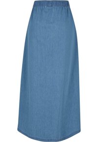 Denimskjørt med elastisk midje, rett silhuett og lys blå farge. Har en glatt tekstur og knelengde.