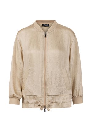 Beige bomber jacket with front zipper, ribbed collar and cuffs, side pockets, and adjustable drawstring hem.