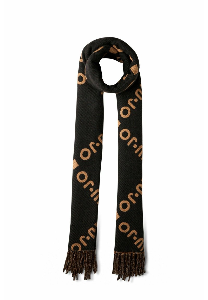 Sciarpa nera con motivo a logo marrone ripetuto, tessuto testurizzato e estremità frangiate marroni, che offrono un aspetto moderno e distintivo.