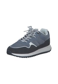 Gray athletic shoes with a mix of smooth and textured materials; features a white sole, rounded toe, and multiple lace eyelets.