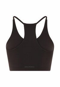 Zwarte racerback sportbeha met dunne bandjes en een brede rugpan, met het woord "GIRLFRIEND" gedrukt aan de onderkant in het midden.