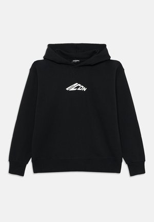 Sudadera negra de material de sudadera. Presenta un gráfico de logo en blanco en la parte frontal. Mangas largas con puños y dobladillo acanalados. Capucha ajustable.
