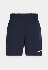 Pantalones cortos deportivos en color azul marino con una cintura elástica. Presenta un logo de Nike en blanco en la parte inferior derecha y está confeccionado con una tela suave y ligera.