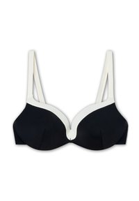 Reggiseno nero sagomato con bordi bianchi. Presenta spalline regolabili, una texture liscia e un design con scollatura profonda per un aspetto elegante.
