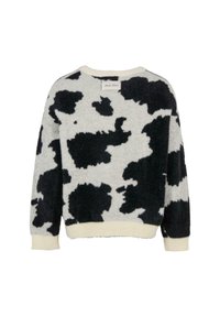 Sweter w czarno-białą kraciastą strukturę, wykonany z miękkiego, teksturowanego materiału. Posiada kremowy, prążkowany dekolt oraz mankiety.
