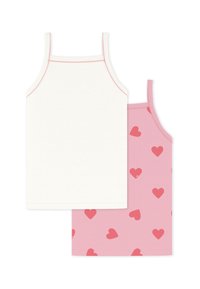 Δύο φανελάκια: το ένα λευκό με ροζ ραφές, το άλλο ροζ με διάσπαρτες κόκκινες καρδιές. Και τα δύο έχουν λεπτές τιράντες και μαλακή υφή.