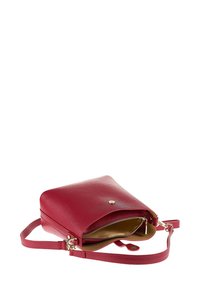Red leather crossbody bag with a structured shape, gold hardware, zipper closure, and an adjustable strap. Interior features a beige lining.