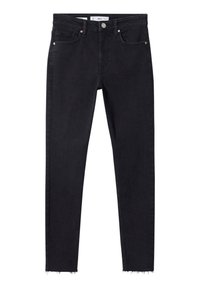 Jeans skinny de denim negro con cintura alta, que presentan un dobladillo deshilachado, diseño estándar de cinco bolsillos y acentos en tono cobre.