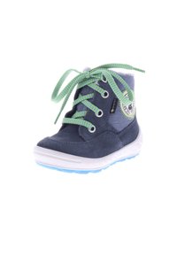 Navy blue suede ankle boot with green and blue patterned laces, white sole, textured upper, and a round logo patch on the side.