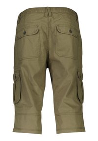 Olivgrüne Cargo-Shorts mit lockerem Schnitt, breitem elastischen Bund, vier Taschen und knielanger Passform. Glatte Stofftextur.