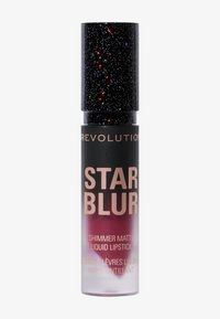 Flytande läppstift i en genomskinlig ombre-flaska, som övergår från djup rosa till klar. Svart kork med färgglada glittrande detaljer. Varumärkeslogotyp i fet text.