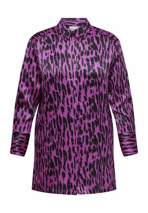 Kraagshirt van glanzende paarse stof met zwart gevlekte patroon, voorzien van lange mouwen en een rechte snit voor een losse pasvorm.