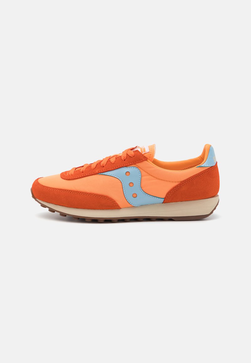 Orange and blue running shoes featuring a suede and textile upper, round toe, flat laces, and rubber outsole with traction grooves.