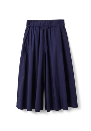 Pantalones anchos de pierna ancha en azul marino recortados con cintura elástica y bolsillos laterales, hechos de tela ligera.