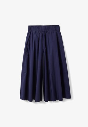 Pantalones anchos de pierna ancha en azul marino recortados con cintura elástica y bolsillos laterales, hechos de tela ligera.