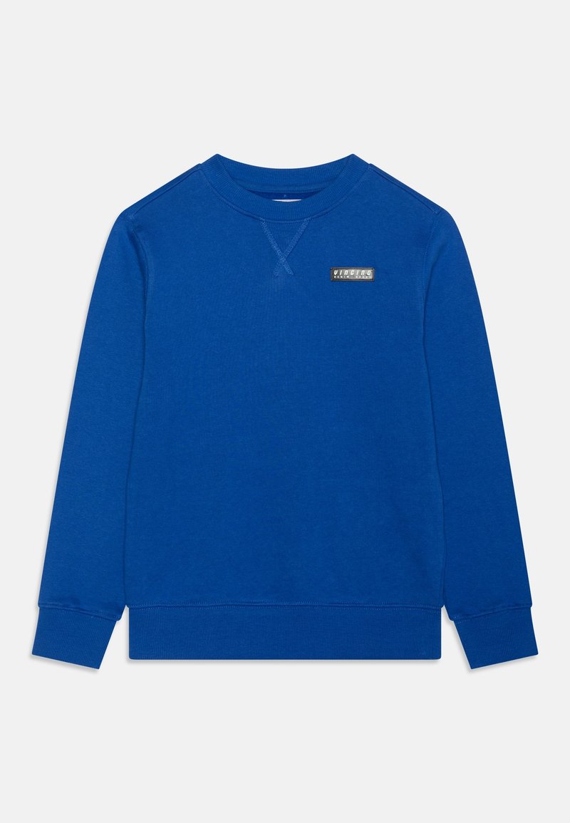 Sweatshirt à col rond bleu à manches longues avec des poignets et un ourlet côtelés, arborant un petit badge rectangulaire sur la poitrine gauche.