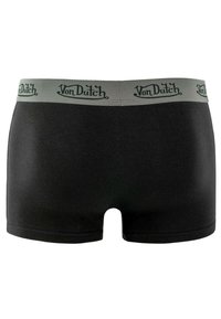 Boxer shorts noirs avec une ceinture grise douce et élastique portant le logo "Von Dutch" en vert. Texture lisse et design ajusté.