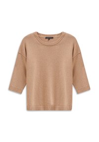 Beiger, gestrickter Pullover mit runder Ausschnitt und Dreiviertelärmeln. Mit gerippten Bündchen und Saum. Weicher Griff und lässige Passform.