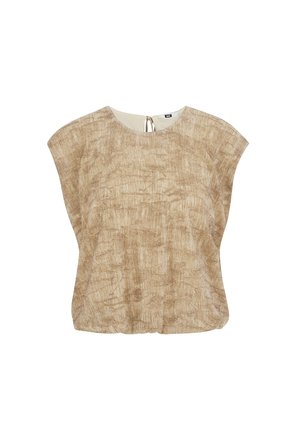 Beige textuur blouse met korte mouwen, ronde halslijn en een keyhole striksluiting aan de achterkant.