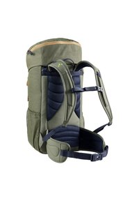 Zaino verde con schienale imbottito e traspirante in rete, dettagli blu navy, spallacci regolabili, chiusura con cerniera e tasca laterale in rete per lo stoccaggio.