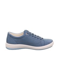 Blauwe leren sneaker met vetersluiting, witte rubberen zool en getextureerde accenten. Soepel bovenwerk en gevoerde binnenvoering.