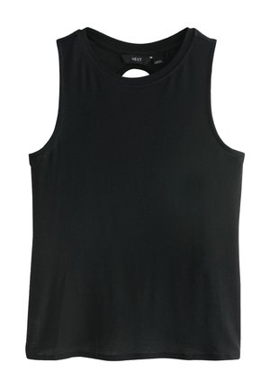 Débardeur noir sans manches avec un col en U et un petit détail en forme de trou à la nuque, en tissu lisse.