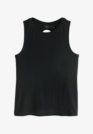 Čierny tielkový top bez rukávov s hlbokým okrúhlym výstrihom a malým otvorom vzadu na krku, vyrobený z hladkej tkaniny.