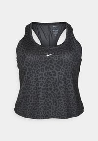 Top atlético preto com padrão de estampado de leopardo, feito de um tecido leve, com um design de costas nadador e um pequeno logótipo branco.