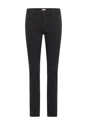 Čierne džíny skinny z denimu s priliehavým strihom, päť vreckovým dizajnom a gombíkovým zapínaním v páse. Mäkká textura s miernym elastanom.