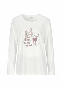 Vit långärmad t-shirt med ett tryckt motiv av en hjort och träd i mjuka rosa toner på framsidan, tillverkad av lätt bomullstyg.