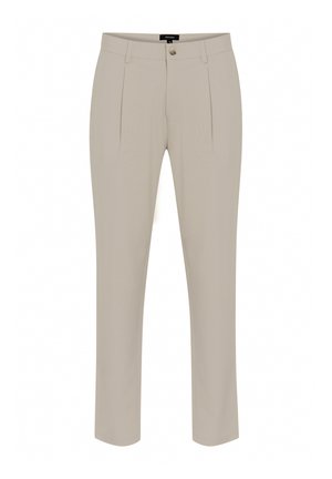 Beige Hosen aus glattem Stoff, mit vorderen Falten, seitlichen Taschen und einem Knopfverschluss an der Taille. Taillierte Passform.