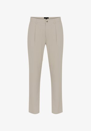 Pantalones beige fabricados con un tejido suave, con pliegues frontales, bolsillos laterales y un cierre de botón en la cintura. Ajuste entallado.