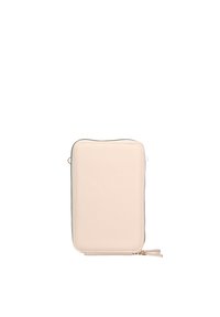 Portafoglio in pelle con texture crema, con chiusura a zip, di forma rettangolare e bordi lisci. Presenta un tirante della zip in tonalità oro.