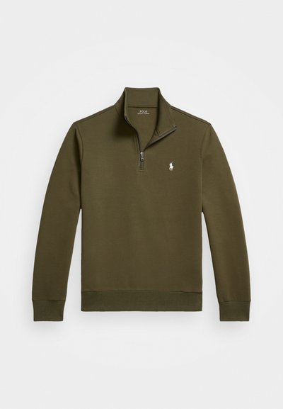 Olive green zip-up sweatshirt with a high collar, ribbed cuffs, and hem, featuring a small white polo logo on the left chest.
